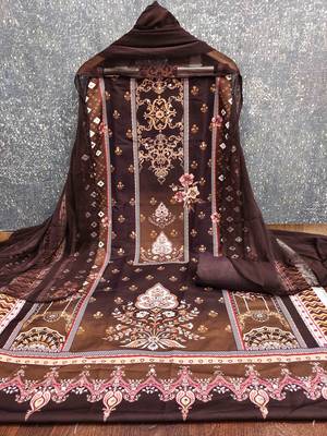 Brown georgette embroidered unstitched dressmaterials 3 pair top bottom dupptaa 3