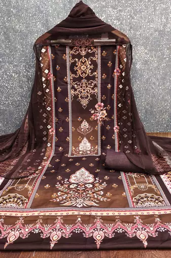 brown georgette embroidered unstitched dressmaterials 3 pair top bottom dupptaa