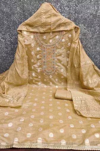 cream silk blend embroidered unstitched dressmaterials 3 pair top bottom dupptaa