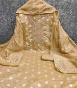 Cream silk embroidered unstitched dressmaterials 3 pair top bottom dupptaa