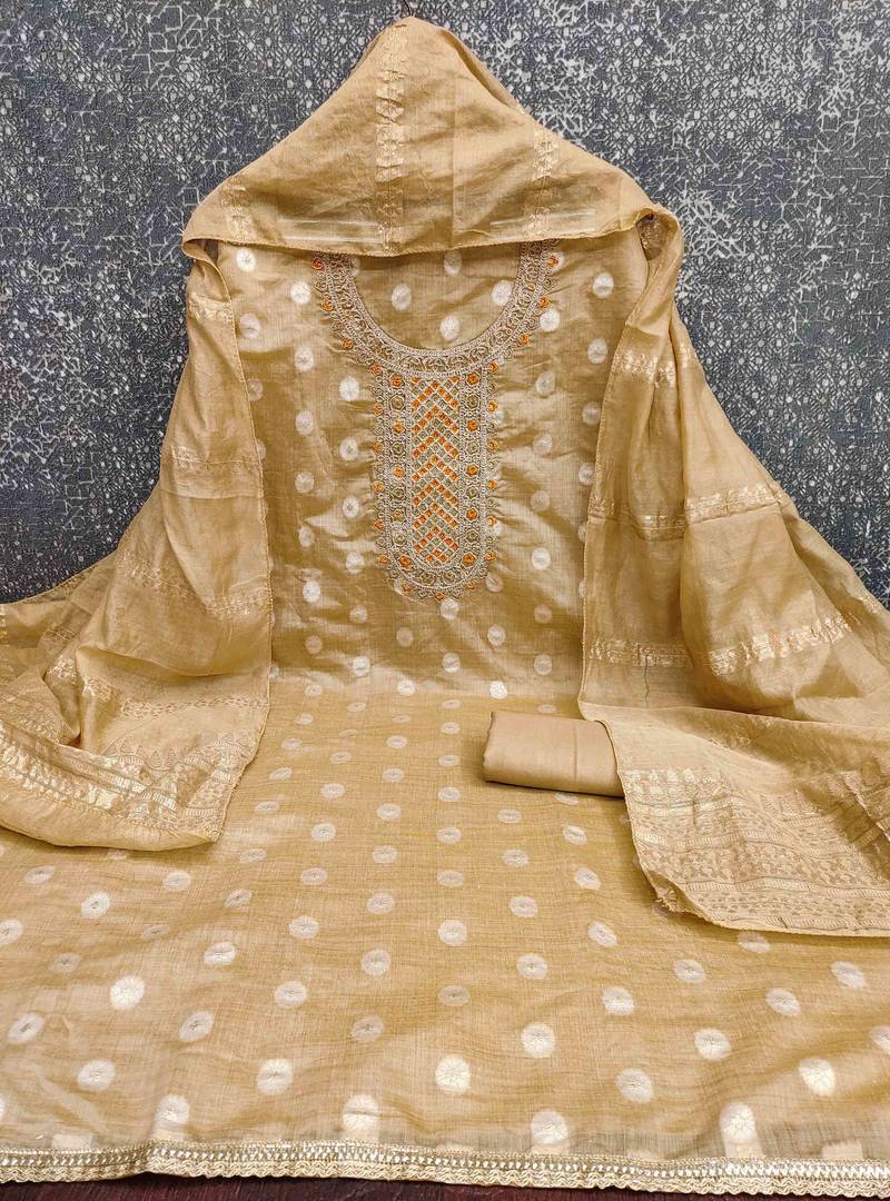 Cream silk embroidered unstitched dressmaterials 3 pair top bottom dupptaa