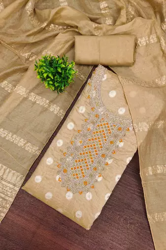 cream silk blend embroidered unstitched dressmaterials 3 pair top bottom dupptaa