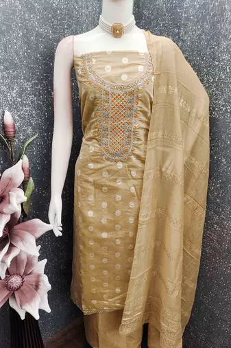 cream silk blend embroidered unstitched dressmaterials 3 pair top bottom dupptaa