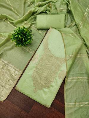 Green silk  embroidered unstitched dressmaterials 3 pair top bottom dupptaa 1