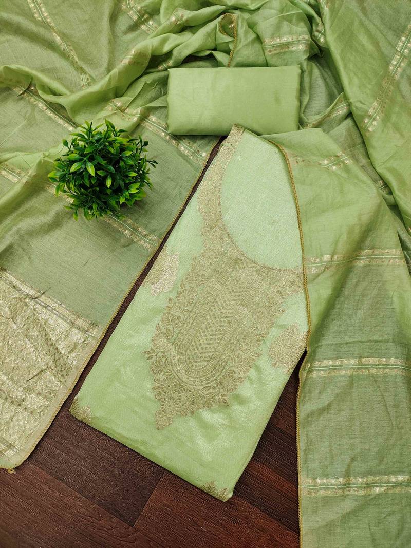 Green silk  embroidered unstitched dressmaterials 3 pair top bottom dupptaa