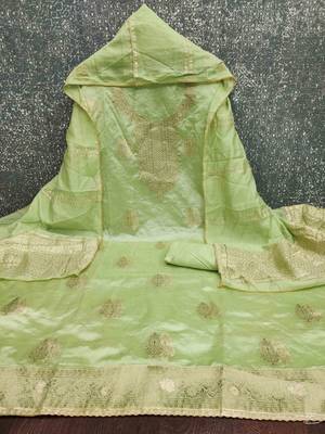 Green silk  embroidered unstitched dressmaterials 3 pair top bottom dupptaa 4