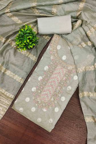 grey silk embroidered unstitched dressmaterials 3 pair top bottom dupptaa