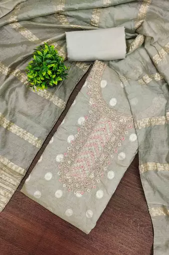  grey silk blend embroidered unstitched dressmaterials 3 pair top bottom dupptaa