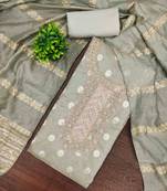 grey silk embroidered unstitched dressmaterials 3 pair top bottom dupptaa