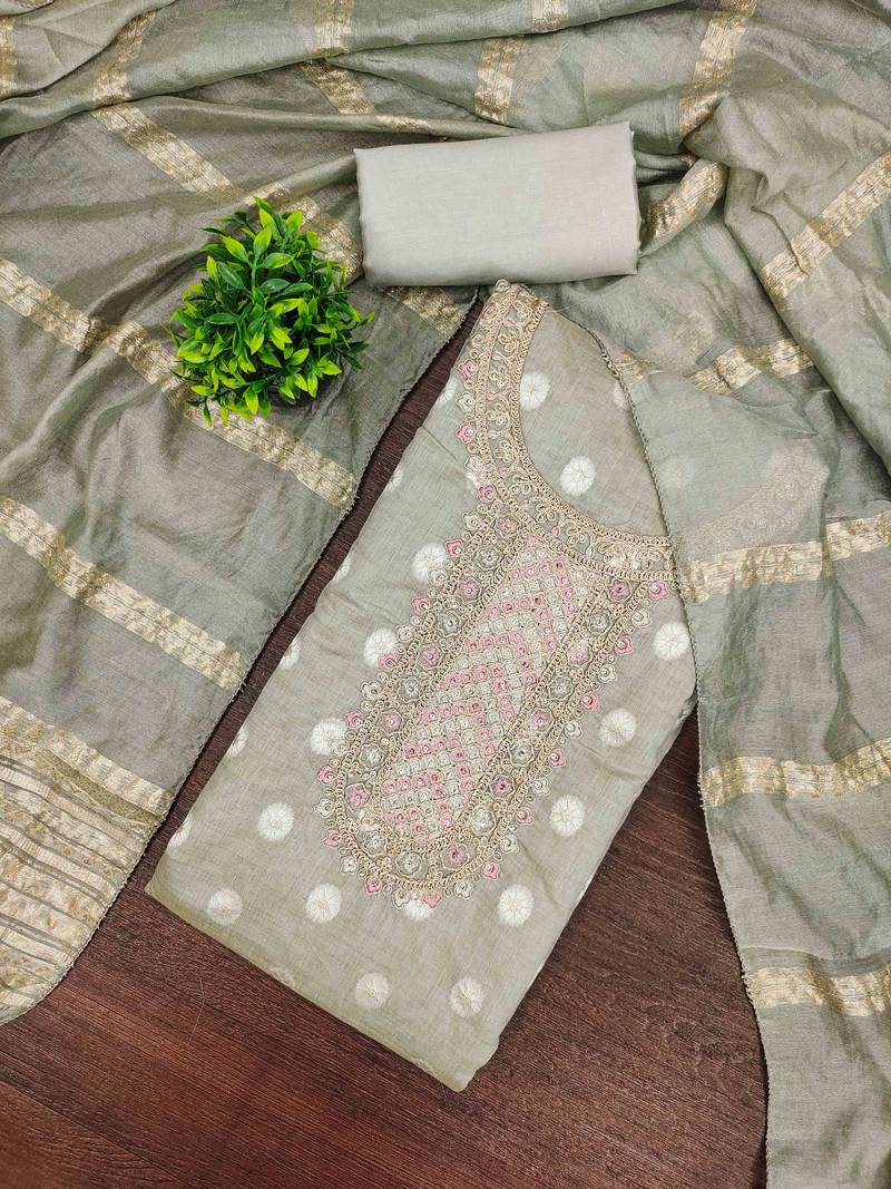 grey silk embroidered unstitched dressmaterials 3 pair top bottom dupptaa