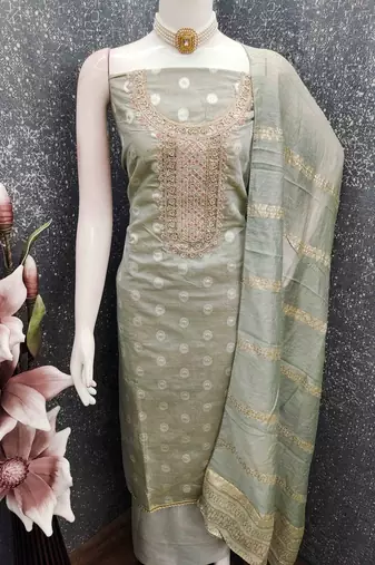  grey silk blend embroidered unstitched dressmaterials 3 pair top bottom dupptaa