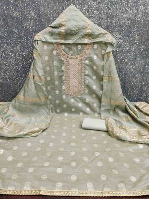 grey silk embroidered unstitched dressmaterials 3 pair top bottom dupptaa 3