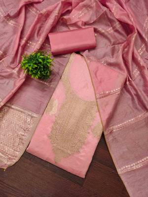 Pink silk  embroidered unstitched dressmaterials 3 pair top bottom dupptaa 1
