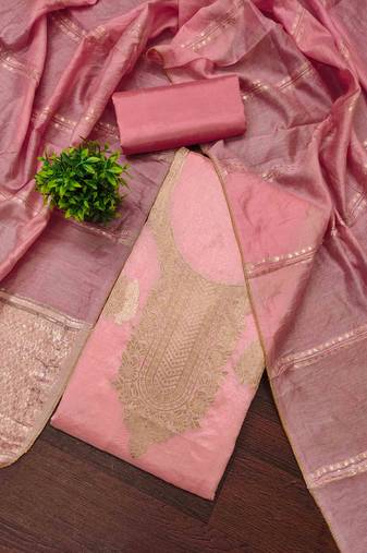 Pink silk  embroidered unstitched dressmaterials 3 pair top bottom dupptaa
