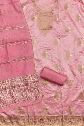 pink silk blend embroidered unstitched dressmaterials 3 pair top bottom dupptaa