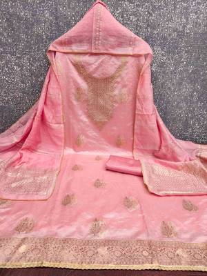 Pink silk  embroidered unstitched dressmaterials 3 pair top bottom dupptaa 4