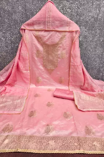 pink silk blend embroidered unstitched dressmaterials 3 pair top bottom dupptaa