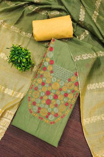 sea green cotton blend embroidered unstitched dressmaterials 3 pair top bottom dupptaa