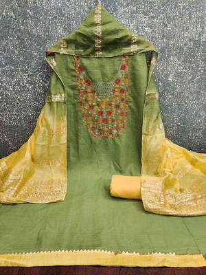 Sea green cotton embroidered unstitched dressmaterials 3 pair top bottom dupptaa 3