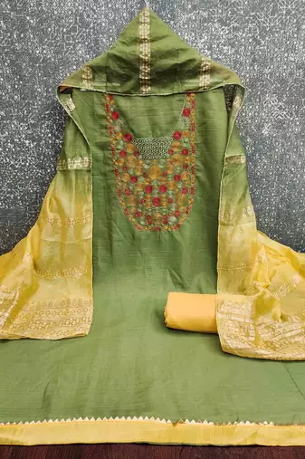sea green cotton blend embroidered unstitched dressmaterials 3 pair top bottom dupptaa