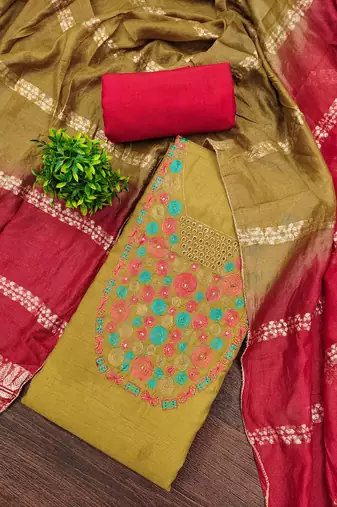 mustard cotton blend embroidered unstitched dressmaterials 3 pair top bottom dupptaa