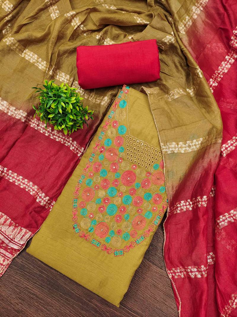 Mustard cotton embroidered unstitched dressmaterials 3 pair top bottom dupptaa