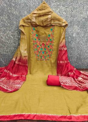 Mustard cotton embroidered unstitched dressmaterials 3 pair top bottom dupptaa 3