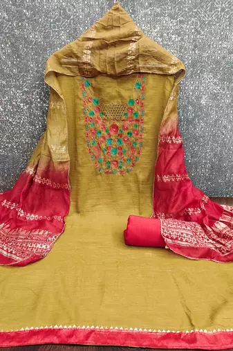 mustard cotton blend embroidered unstitched dressmaterials 3 pair top bottom dupptaa