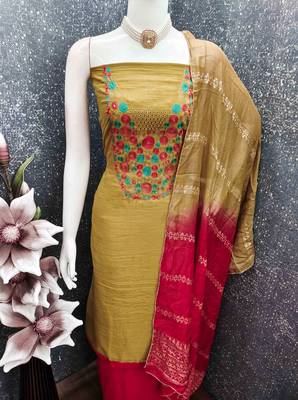 Mustard cotton embroidered unstitched dressmaterials 3 pair top bottom dupptaa 4