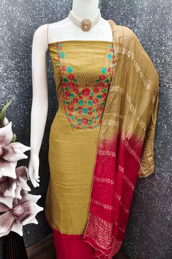 mustard cotton blend embroidered unstitched dressmaterials 3 pair top bottom dupptaa