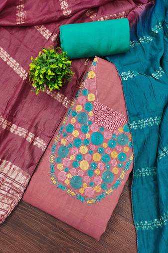 Pink cotton  embroidered unstitched dressmaterials 3 pair top bottom dupptaa