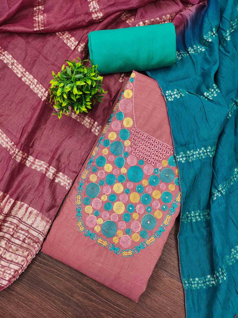 Pink cotton  embroidered unstitched dressmaterials 3 pair top bottom dupptaa
