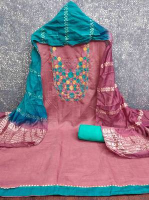 Pink cotton  embroidered unstitched dressmaterials 3 pair top bottom dupptaa 3