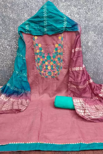 pink cotton blend embroidered unstitched dressmaterials 3 pair top bottom dupptaa