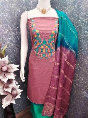 Pink cotton  embroidered unstitched dressmaterials 3 pair top bottom dupptaa 4