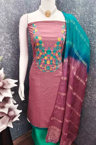 pink cotton blend embroidered unstitched dressmaterials 3 pair top bottom dupptaa