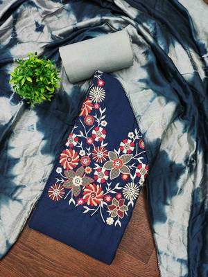 Blue cotton  embroidered unstitched dressmaterials 3 pair top bottom dupptaa 1