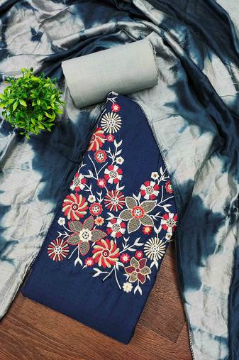 blue cotton blend embroidered unstitched dressmaterials 3 pair top bottom dupptaa