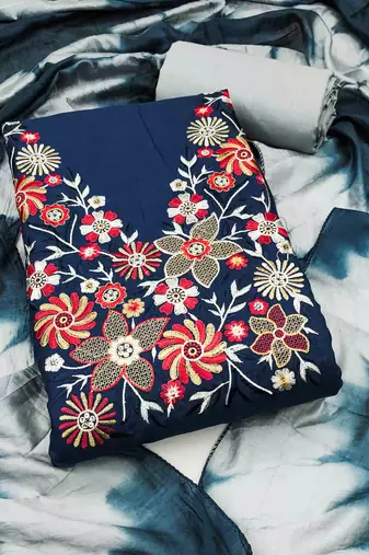 blue cotton blend embroidered unstitched dressmaterials 3 pair top bottom dupptaa