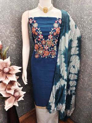Blue cotton  embroidered unstitched dressmaterials 3 pair top bottom dupptaa 4