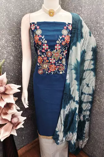 blue cotton blend embroidered unstitched dressmaterials 3 pair top bottom dupptaa