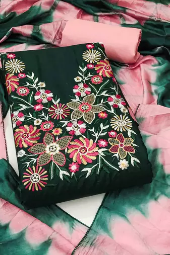 green cotton blend embroidered unstitched dressmaterials 3 pair top bottom dupptaa
