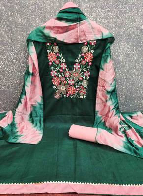 Green cotton  embroidered unstitched dressmaterials 3 pair top bottom dupptaa 3