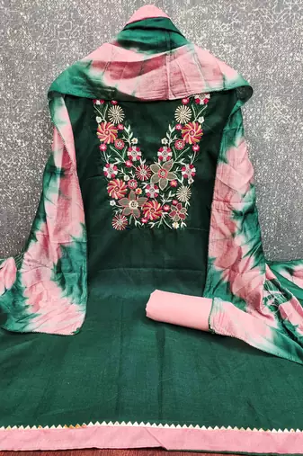 green cotton blend embroidered unstitched dressmaterials 3 pair top bottom dupptaa