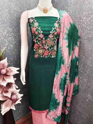 Green cotton  embroidered unstitched dressmaterials 3 pair top bottom dupptaa 4