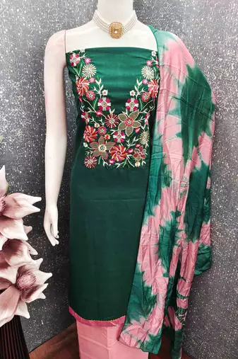green cotton blend embroidered unstitched dressmaterials 3 pair top bottom dupptaa