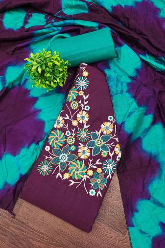 Purple cotton  embroidered unstitched dressmaterials 3 pair top bottom dupptaa