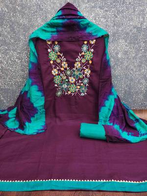 Purple cotton  embroidered unstitched dressmaterials 3 pair top bottom dupptaa 3