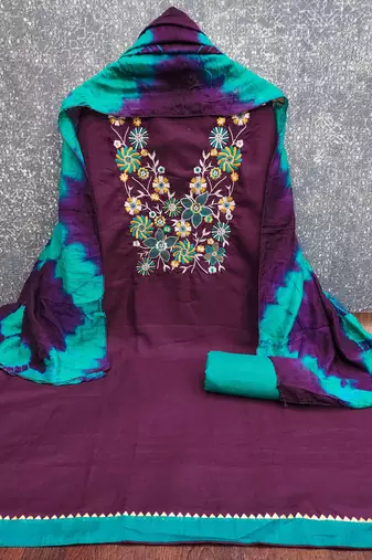 purple cotton blend embroidered unstitched dressmaterials 3 pair top bottom dupptaa