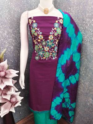 Purple cotton  embroidered unstitched dressmaterials 3 pair top bottom dupptaa 4